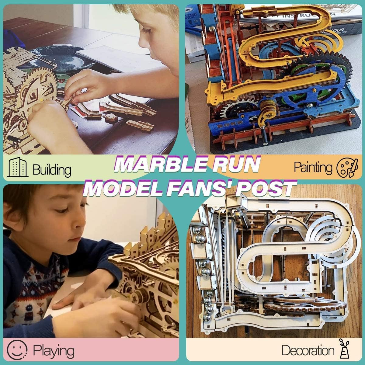 Engaging Wooden Marble Run 3D Puzzle Kit - Build Your Own Mechanical Waterwheel Roller Coaster for Teens and Adults