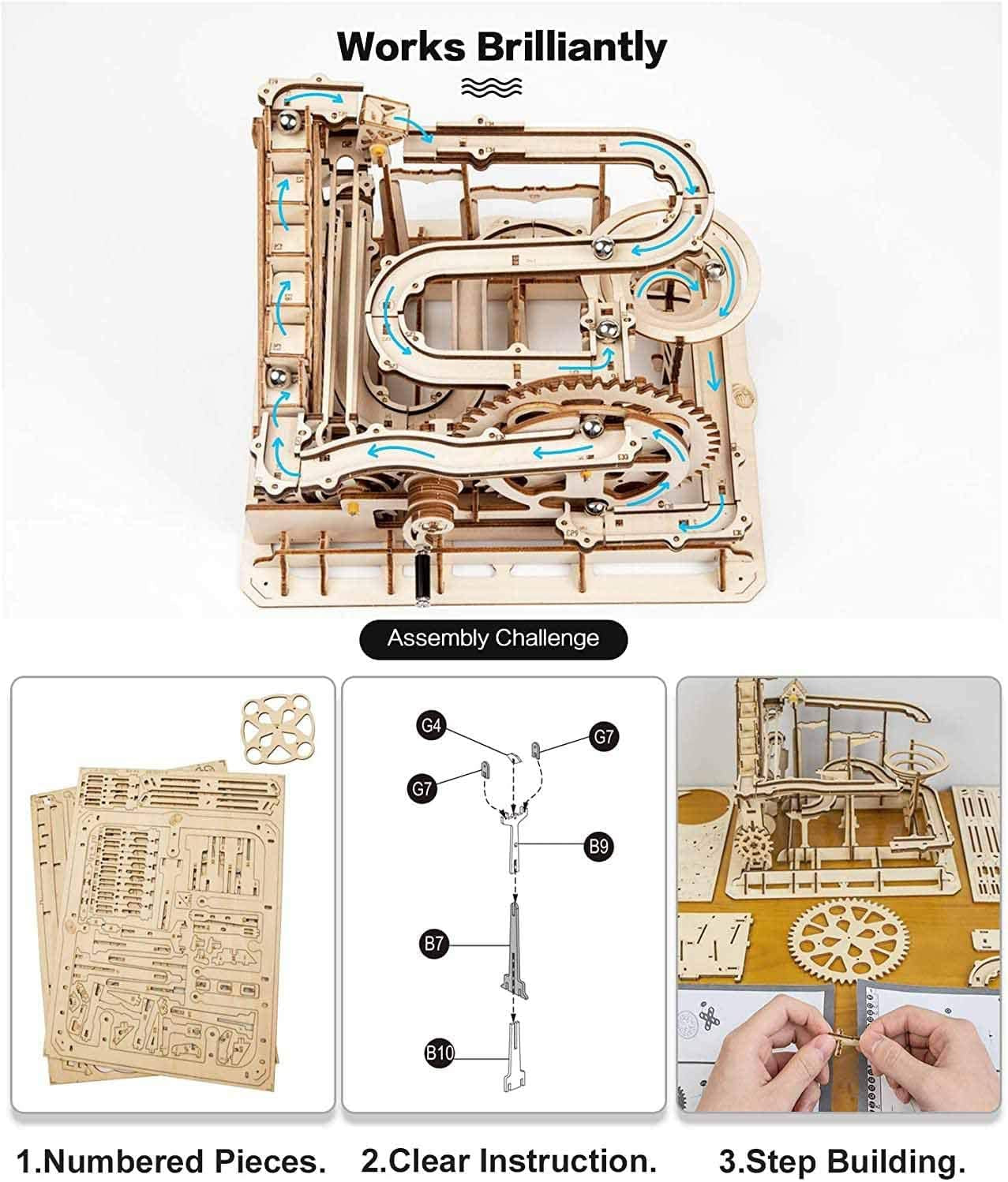 Engaging Wooden Marble Run 3D Puzzle Kit - Build Your Own Mechanical Waterwheel Roller Coaster for Teens and Adults