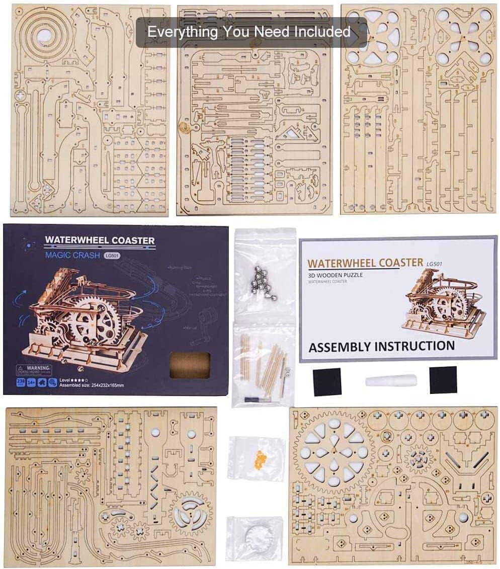 Engaging Wooden Marble Run 3D Puzzle Kit - Build Your Own Mechanical Waterwheel Roller Coaster for Teens and Adults